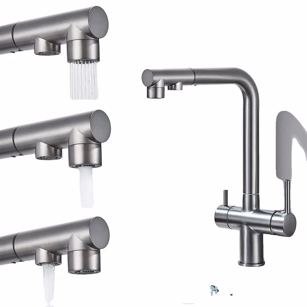 Miscelatore da cucina a due fori, acqua calda e fredda selezionabile, design contemporaneo in ottone, grigio