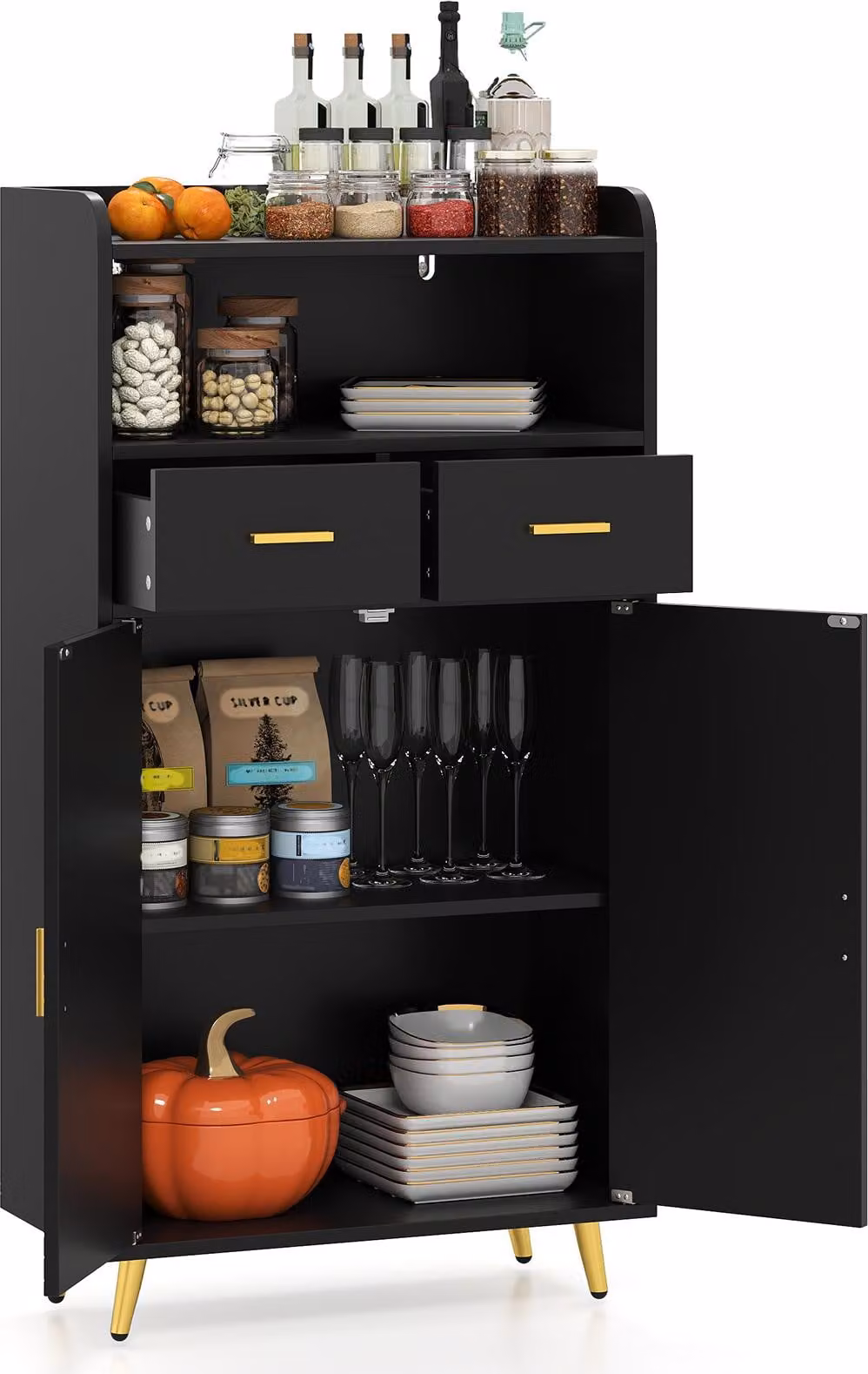 COSTWAY Armadio multiuso con doppia anta, 2 cassetti, ripiano, armadio da soggiorno in legno, armadio da cucina, armadio portaoggetti, 60x30x113cm, nero