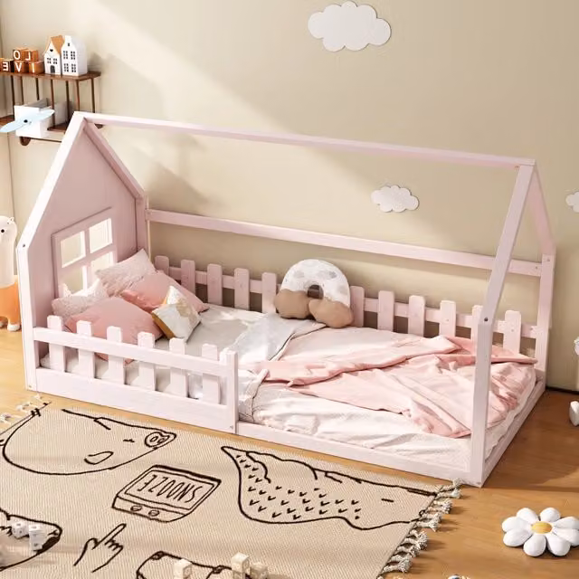 Letto per bambini a casetta 90 × 200 cm, rosa in pino e MDF, struttura bassa, senza materasso incluso
