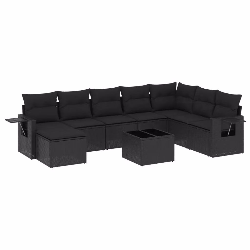 vidaXL Set Divani da Giardino 9 pz a Forma a L con Cuscini Nero in Polyrattan e Struttura in Acciaio – 2