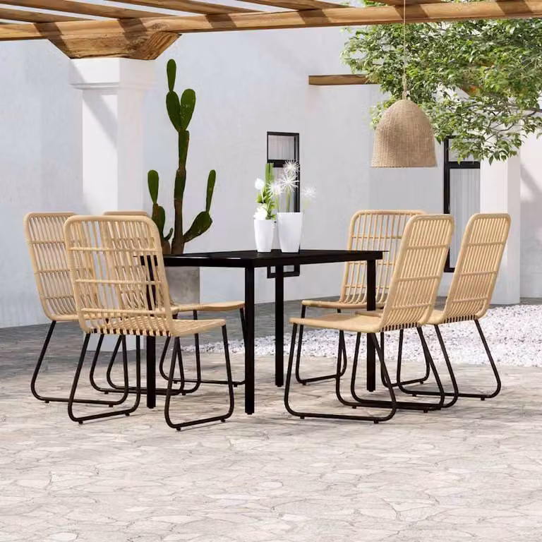 Set da pranzo da giardino vidaXL in metallo e vetro, 7 pezzi, colore nero e marrone