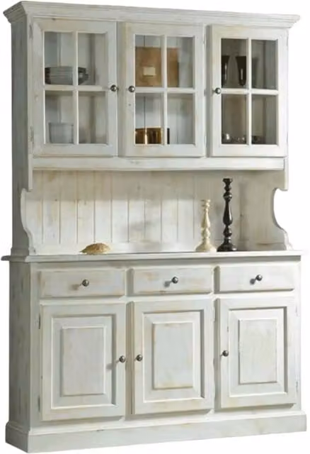 Cristalliera Mobili 2G in legno di pino massello stile shabby chic bianco invecchiato con ante in vetro, L: 147 cm, P: 43 cm, H: 195 cm