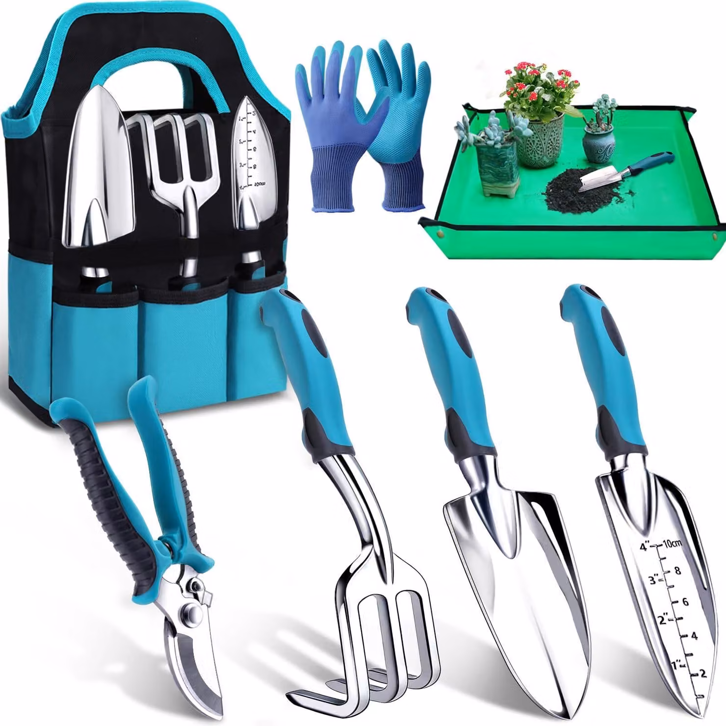 Set attrezzi da giardino - 7 pezzi - Alluminio con borsa di stoccaggio e tappetino per rinvasare - Set per il giardinaggio