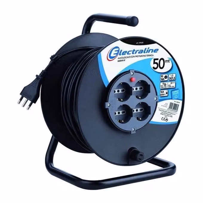 Electraline 49028 Avvolgicavo Elettrico Nero con 4 Prese Schuko 10-16A, Lunghezza 50 m, Protezione Termica e Child Safety – 2