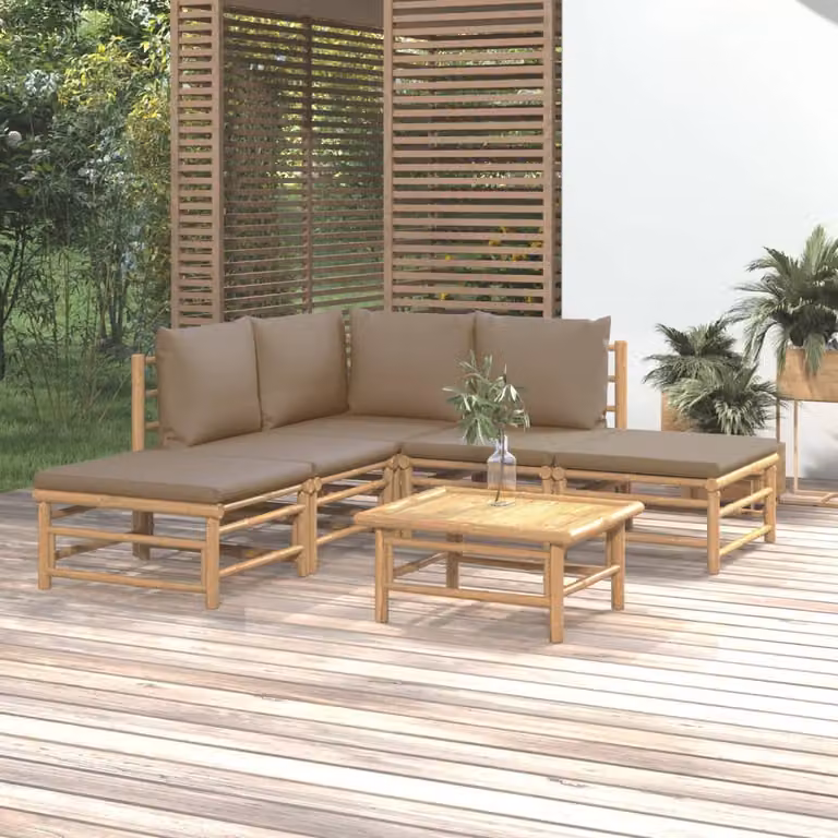 Set Salotto da Giardino vidaXL in Bambù con Cuscini Beige e Marrone, Composizione a L con Divano, Tavolino e Pouf