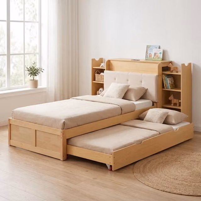 Letto estraibile in legno massello e MDF, 90x200-180x200 cm, singolo/doppio con testiera libreria e ruote, per bambini e ospiti