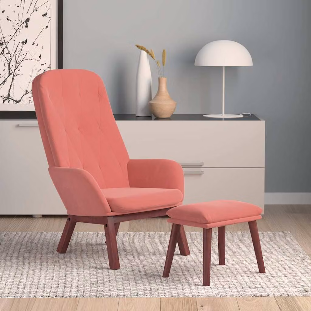 vidaXL Poltrona Relax con Poggiapiedi in Velluto Rosa e Struttura in Metallo e Legno