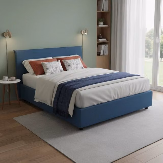Letto matrimoniale contenitore Aros Talamo Italia con materasso incluso, rivestimento in tessuto blu, L/P/H: 140 x 200 x 155 cm