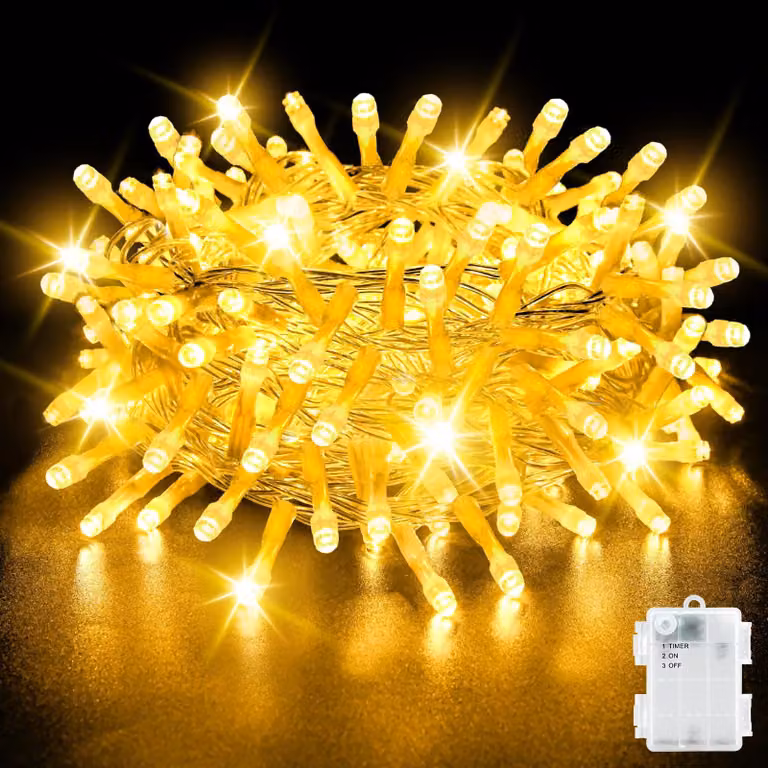 Catena luminosa da 5 metri, con 50 LED, luce bianco caldo, alimentazione a batteria, grado di protezione IP65
