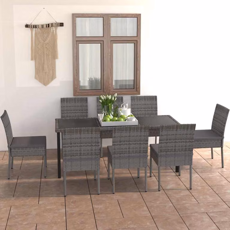 Set da pranzo da giardino vidaXL in polyrattan grigio e nero con tavolo rettangolare in vetro per 9 persone