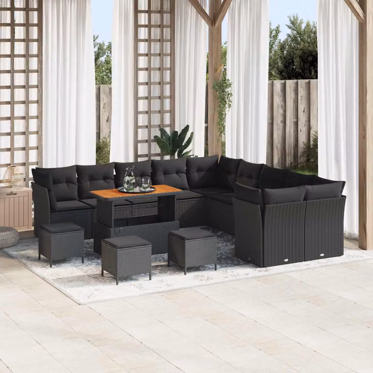Set Divano da Giardino vidaXL a forma a U in Polyrattan Nero con Cuscini e Tavolino da Esterno