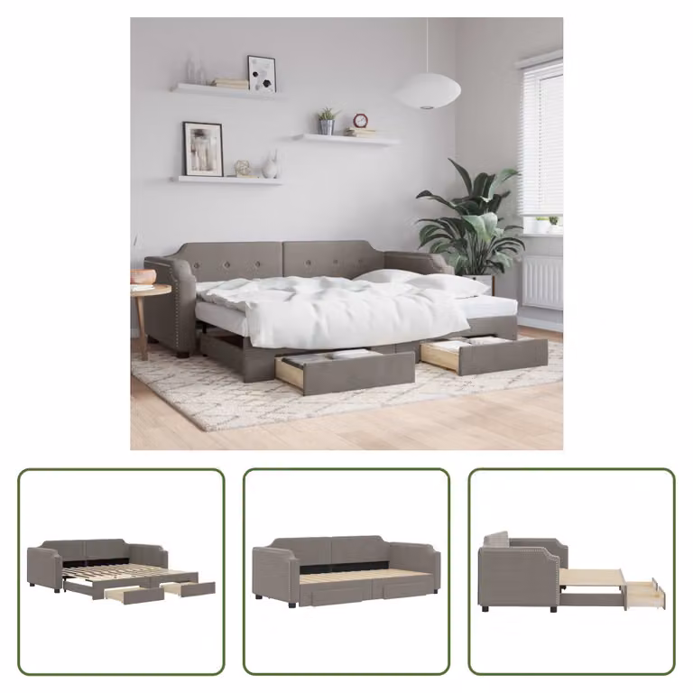 The Living Store Letto allungabile con cassetti Taupe 80x200 cm tessuto