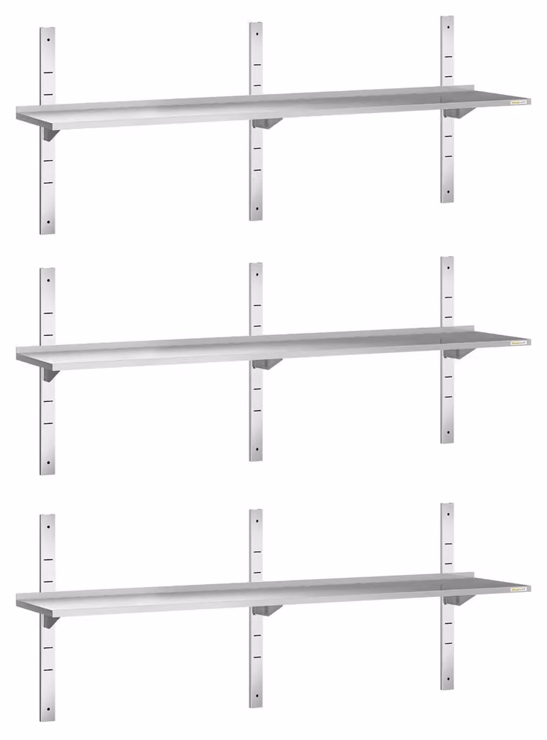 Set di 3 mensole a parete in acciaio inossidabile, dimensioni 1800 x 300 mm, PREMIUM - GOLDINOX