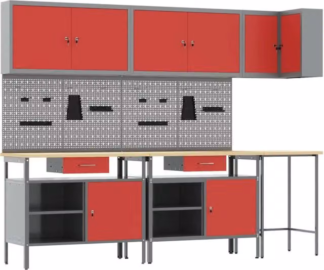 Set di mobili da lavoro con cassetto 10 pz Rosso e Grigio 3321519
