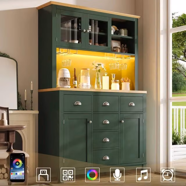 Armadio laterale / dispensa - Zephmum- 104x40x180cm, stile country, 4 porte, LED, porta bevande, verde/bianco