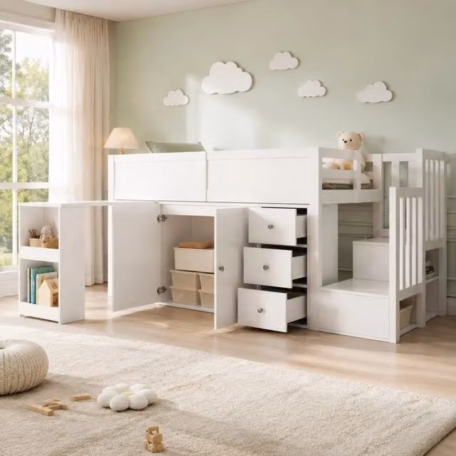 Letto a Soppalco Singolo Bianco con Scrivania, Armadio e Scala Contenitore in MDF Laccato L/P/H: 200 x 90 x 136 cm