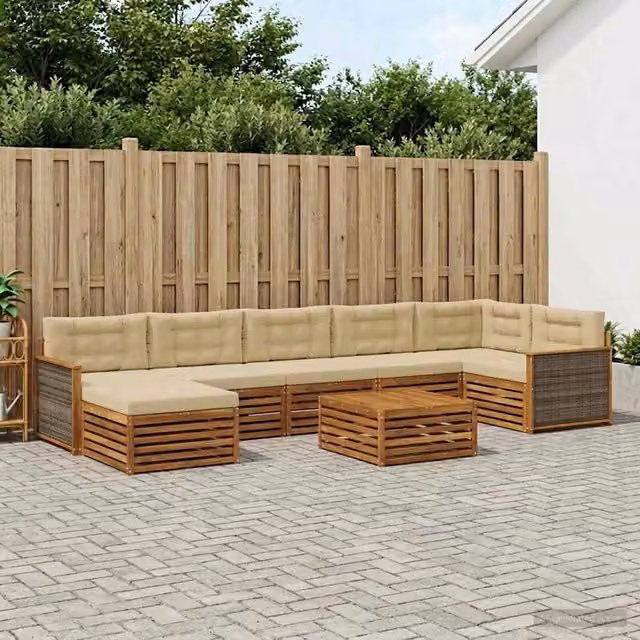 Set di divani da esterno vidaXL a forma di L in legno di acacia con pouf e tavolino, colore beige e marrone – 1