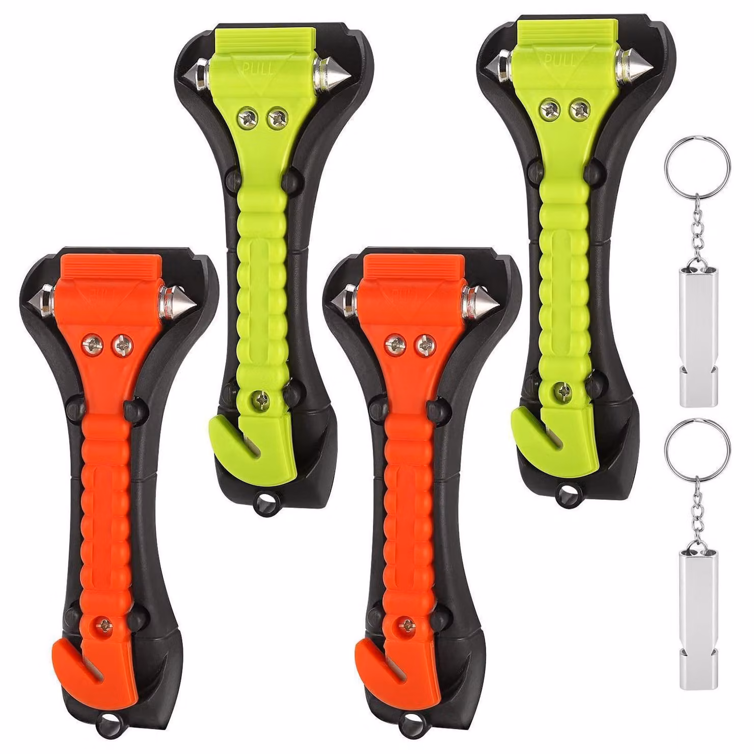 Martello di emergenza per auto con taglia-cinture, confezione da 4 pezzi, 2 in 1: martello di emergenza con fischietto di segnalazione, colore arancione/verde