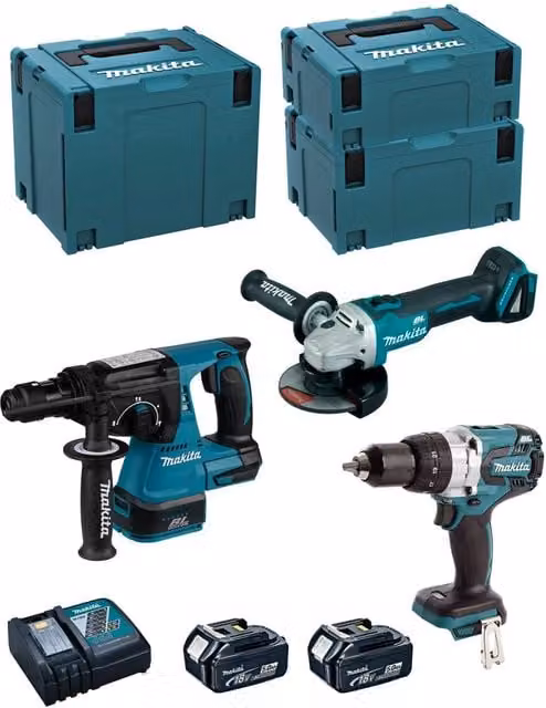 Kit utensili a batteria Makita MK312RTJ con avvitatore DHP481, perforatore DHR243, smerigliatrice DGA504, 2 batterie da 5,0 Ah, caricabatterie DC18RC e 3 contenitori MAKPAC
