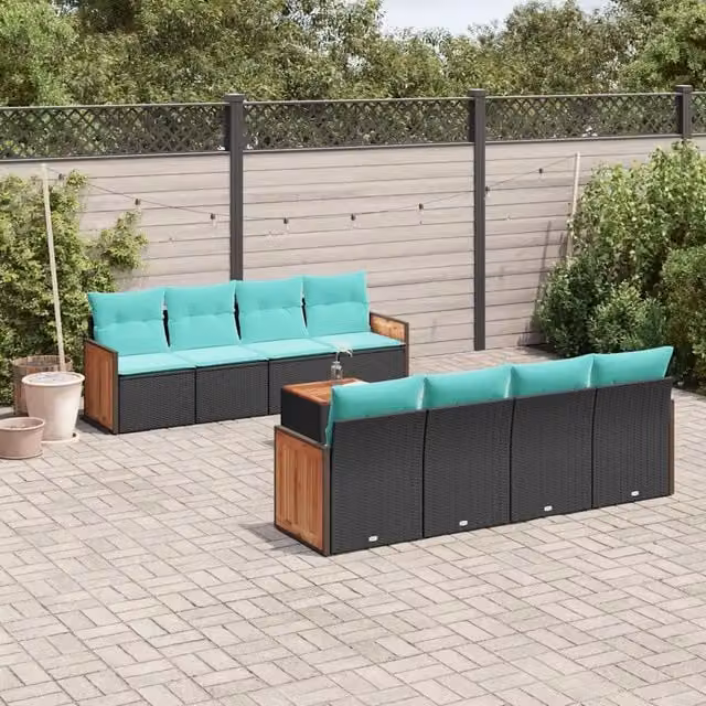 Set Divani da Giardino 9 pz con Cuscini Nero in Polyrattan 3227499