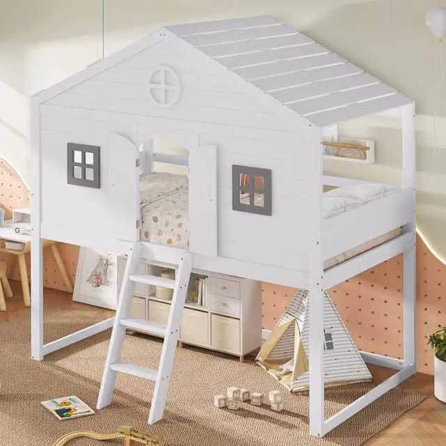 Letto a soppalco per bambini 90 × 200 cm con scala, finestre e barriere, senza materasso, bianco e grigio