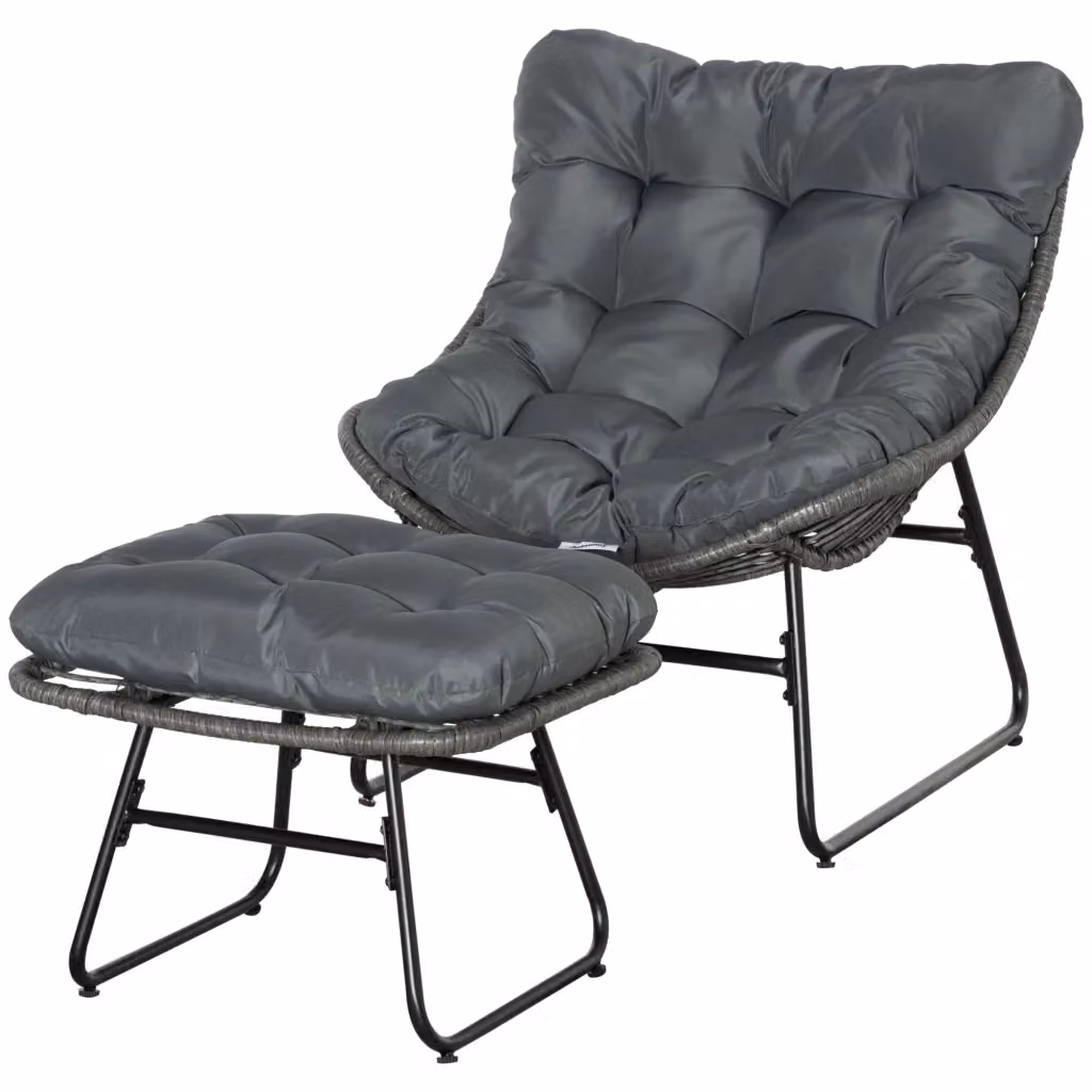Poltrona da giardino moderna Minimal in rattan e metallo con poggiapiedi e cuscini Grigio – 2