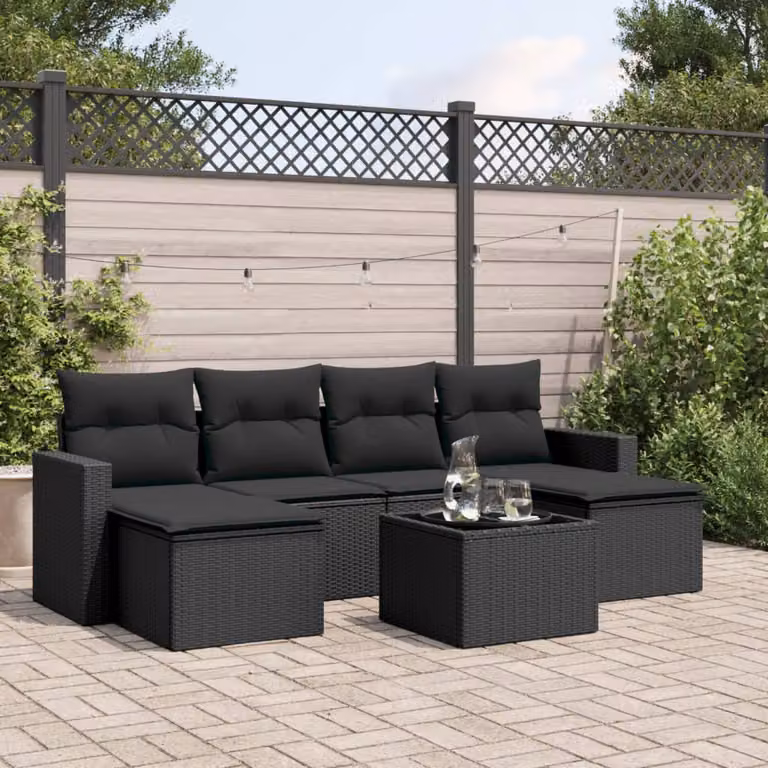Set Divani da Giardino vidaXL a Forma di L con 7 Pezzi in Polyrattan Nero e Cuscini Imbottiti
