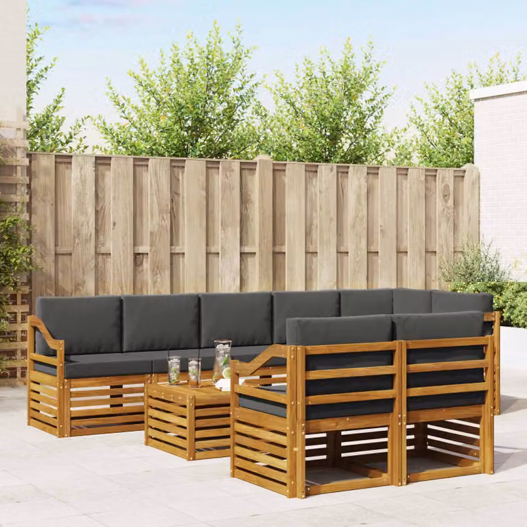 Set di divani da esterno vidaXL 9 pz a forma di L in legno di acacia con cuscini antracite, beige e bianco
