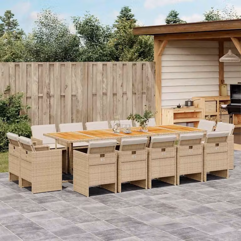 vidaXL Set da Pranzo da Giardino 15 pz in Polyrattan con Tavolo in Legno di Acacia Olio e Cuscini Beige