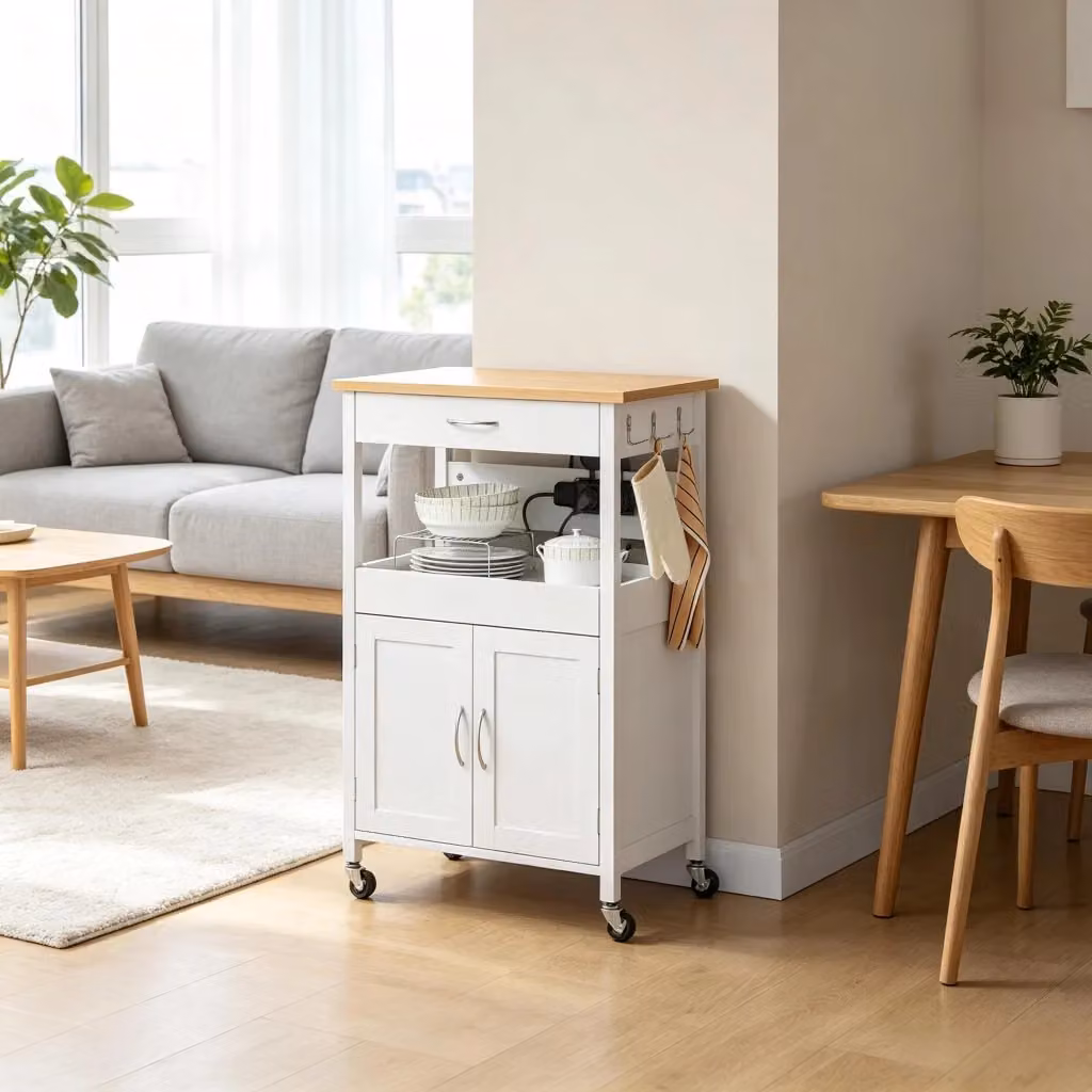 Carrello da cucina moderno WISHDOR bianco con ruote, 2 prese, 1 cassetto, 1 ripiano e 1 armadio, L/P/H: 60 x 45 x 92 cm – 2