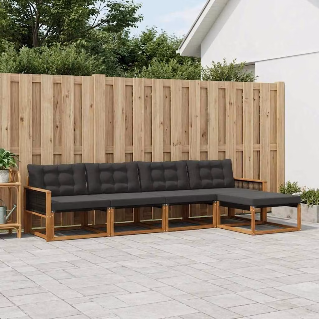 Set di divani da esterno vidaXL a forma di L composto da 5 pezzi in legno di acacia trattato e tessuto textilene, colore marrone e nero, con cuscini inclusi