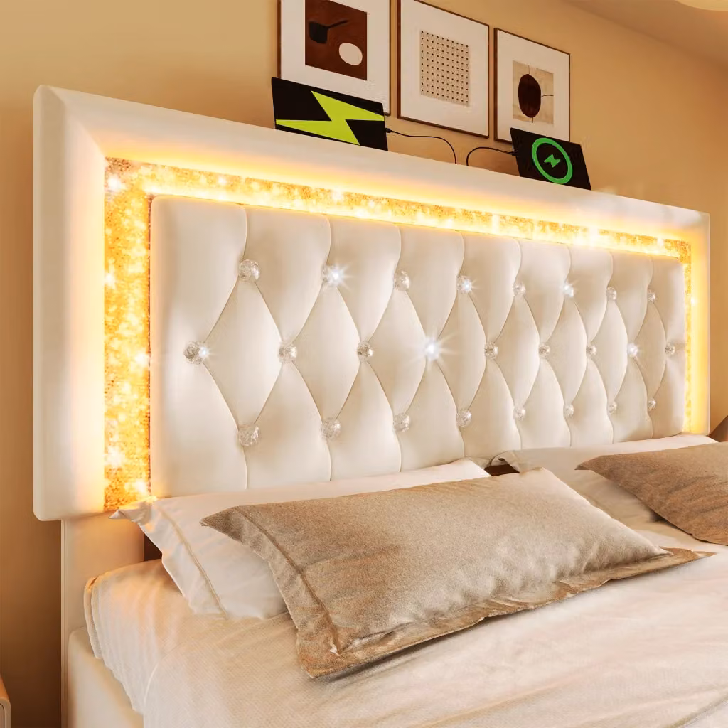 Letto contenitore matrimoniale in velluto beige con illuminazione LED e porte USB e Type-C, L/P/H: 140 x 200 cm – 2