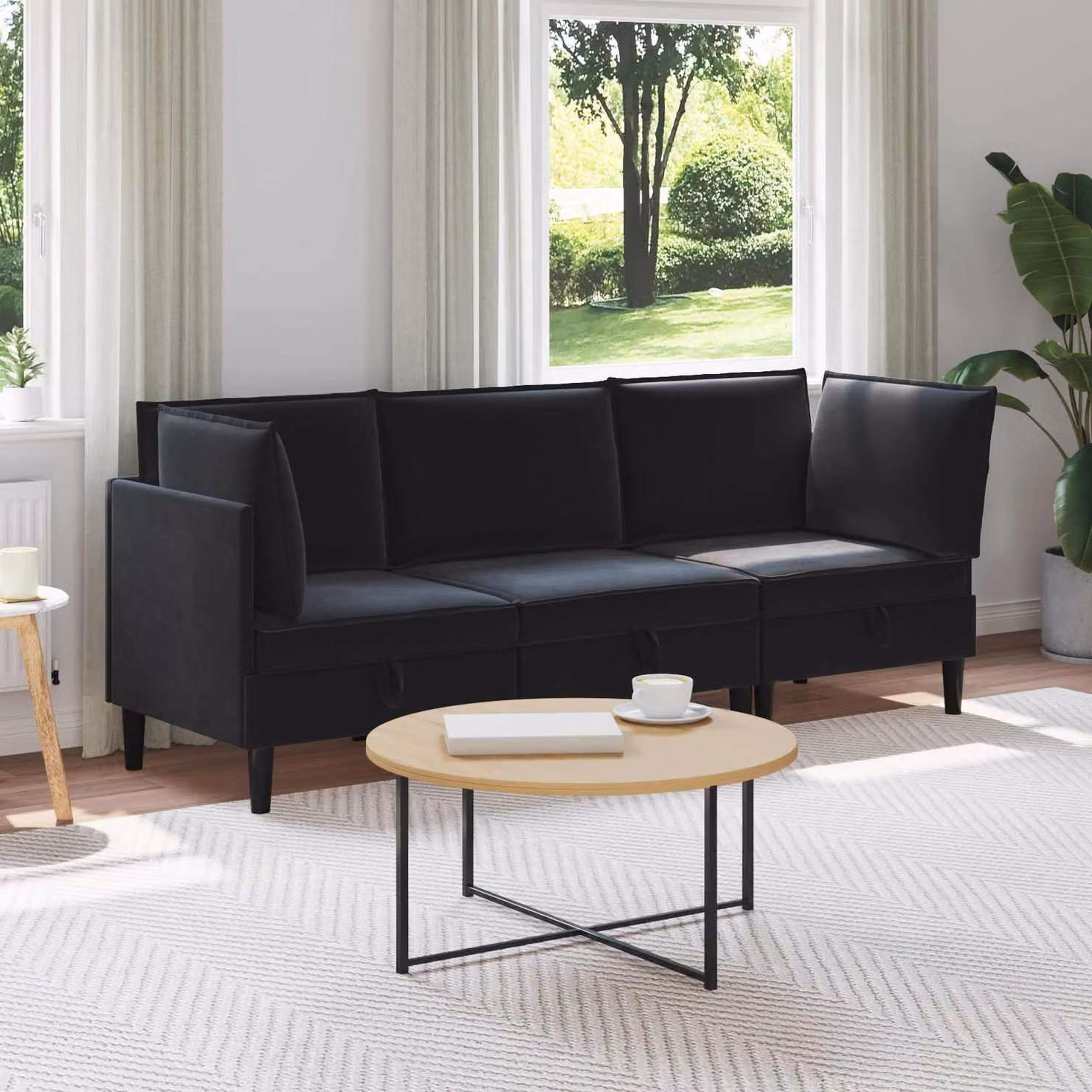 Set di mobili per il soggiorno vidaXL in velluto nero composto da 3 pezzi con divano a 3 posti e elemento angolare a forma di L