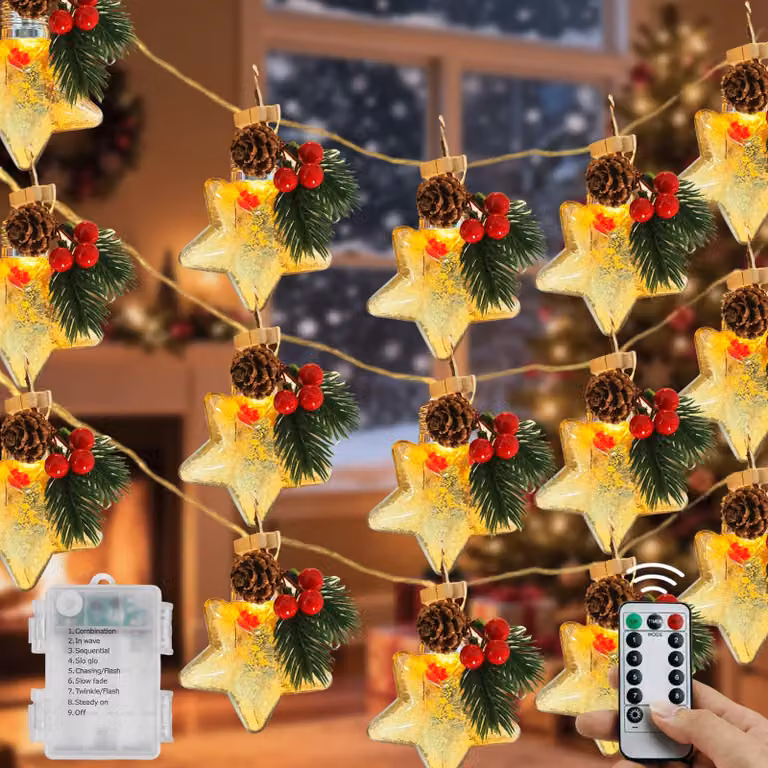 Catena luminosa natalizia, 2 metri, con 10 LED, decorazioni a forma di pigne e telecomando