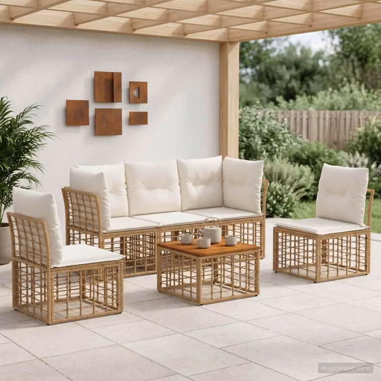 Set di divani da esterno vidaXL 6 pezzi con tavolo da caffè, design moderno a forma di L in rattan e metallo, colore beige e marrone con cuscini inclusi