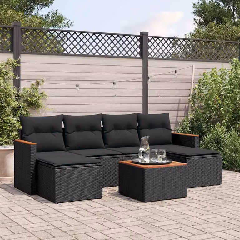 Set Divani da Giardino a L vidaXL con 7 Cuscini, Tavolino e Ottoman, Nero