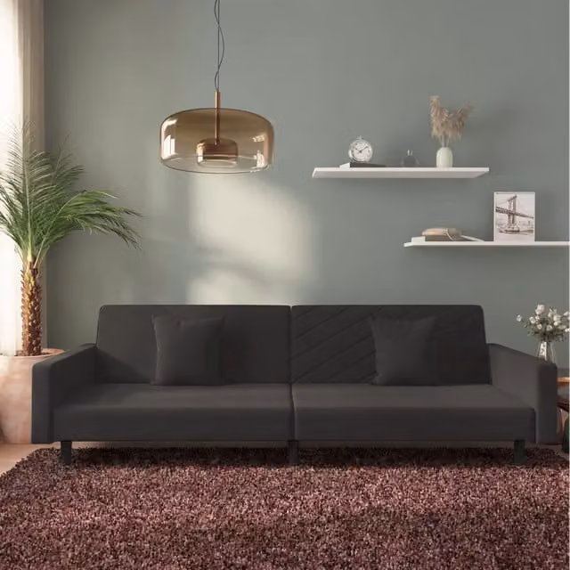 Divano Letto Click Clack vidaXL in Velluto Nero con 2 Cuscini e Struttura in Legno Massello – 1