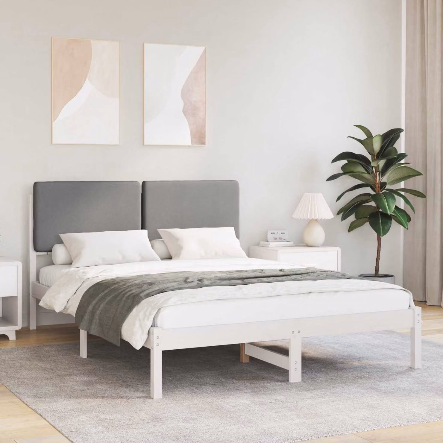 Letto con Testiera Rivestita vidaXL in Legno di Pino e Tessuto Grigio L/P/H: 160 x 200 x 84,5 cm – 1