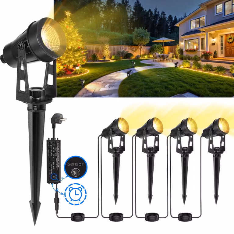Set di 4 luci da giardino a LED, cavo da 14 metri, 3000 K, grado di protezione IP65, con timer