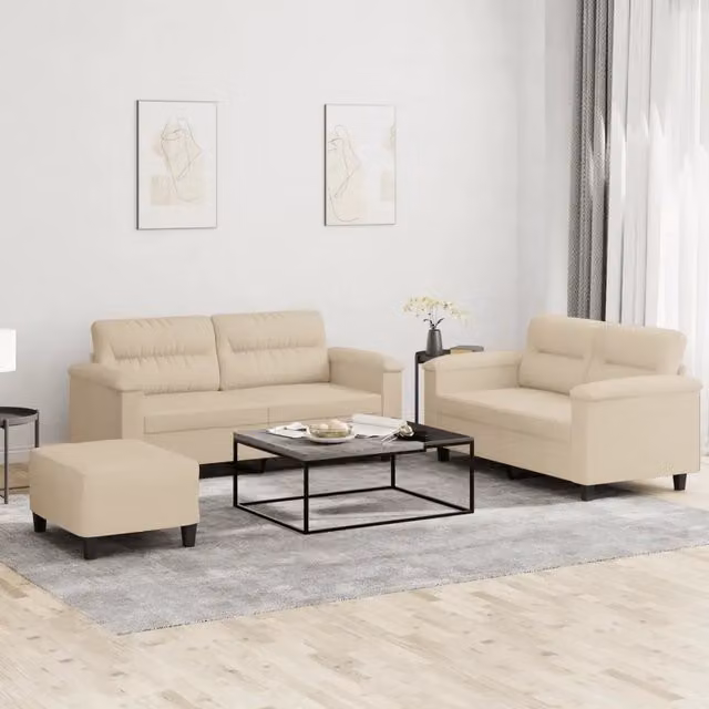 Set di Divani Moderno vidaXL in Microfibra Beige con Ottoman e Cuscini per Soggiorno