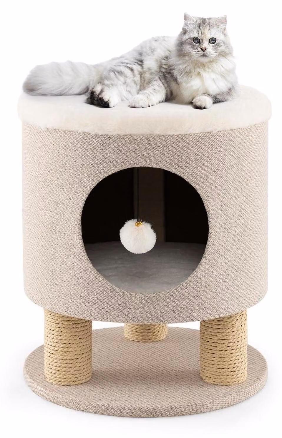 Tana per gatti in cartone con 3 pali in sisal e una pallina giocattolo, utilizzabile anche come poggiapiedi, con una capacità di carico fino a 60 kg, dimensioni 40 x 40 x 47 cm, colore beige