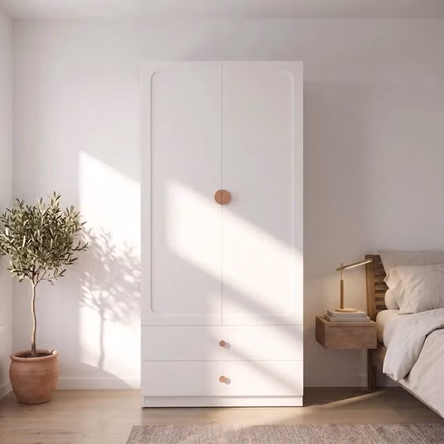 Armadio 200 x 90 x 45 cm; maniglie delle ante in legno massello; 1 asta appendiabiti; 2 cassetti; spazio contenitore; design moderno; bianco