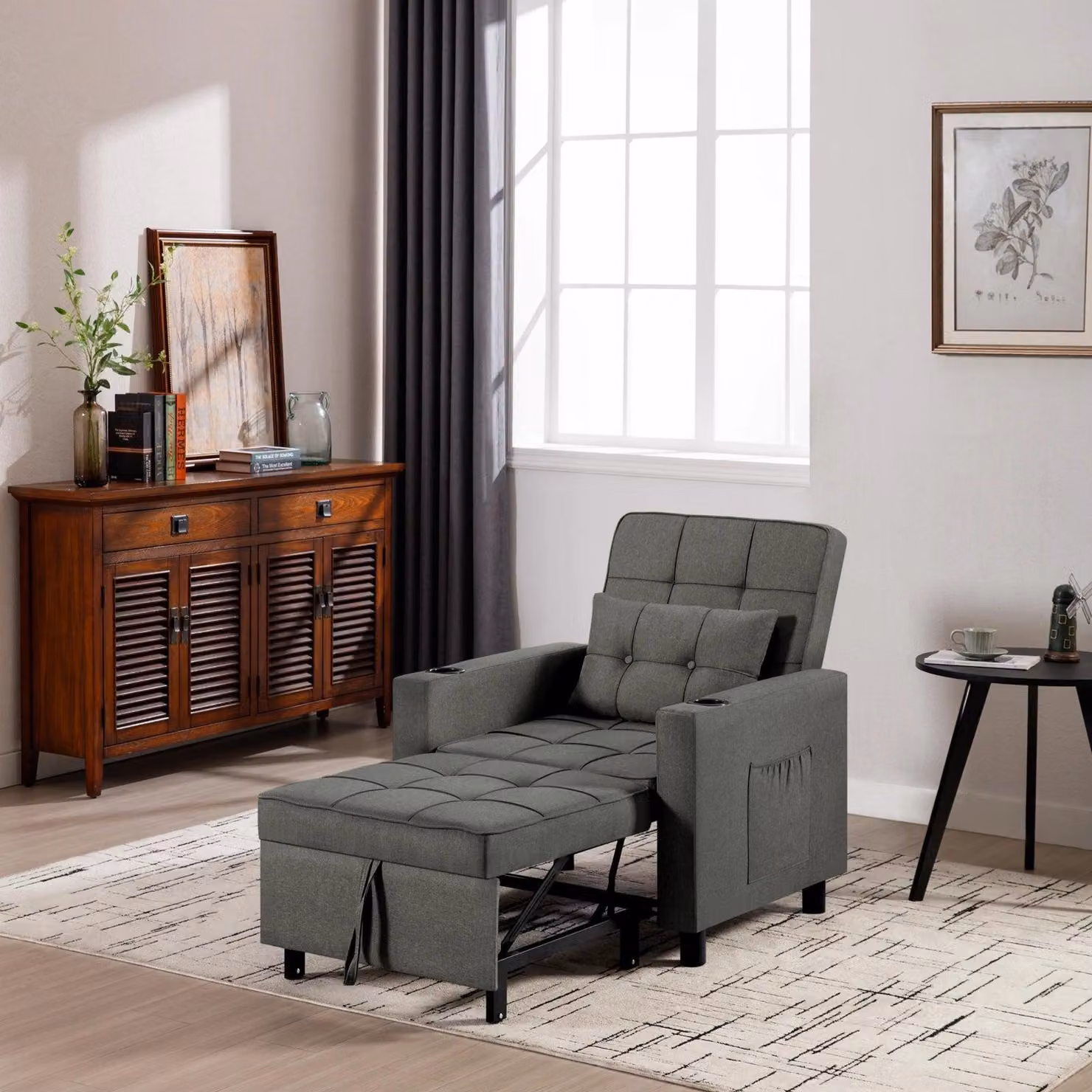 Poltrona multifunzione 4-in-1: poltrona reclinabile, chaise longue, sedia a dondolo, divano letto. Schienale regolabile, tessuto di lino grigio scuro