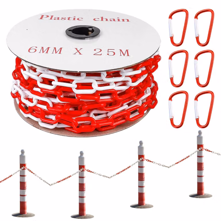 Catena di delimitazione, 25 metri, 6 mm, rosso e bianco, in plastica, catena di segnalazione