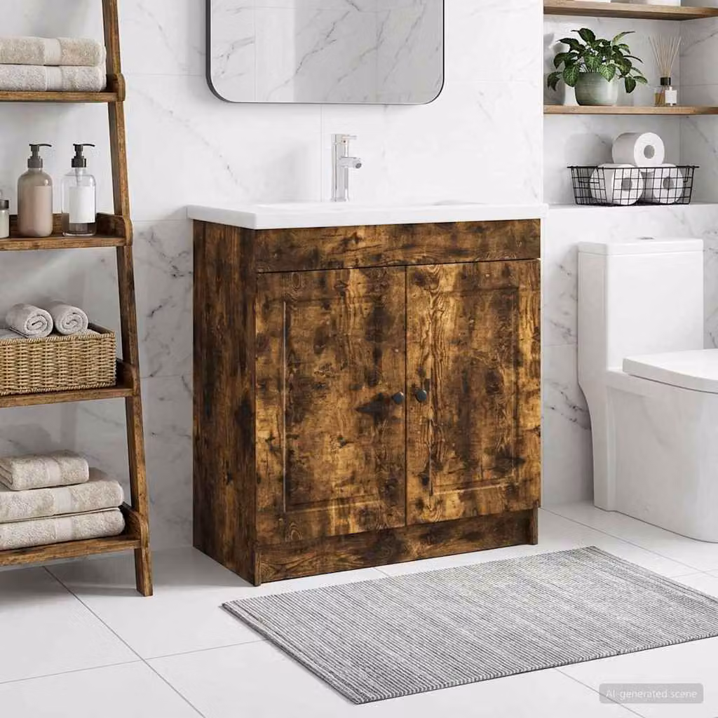 Mobiletto da bagno sotto il lavello vidaXL Rovere Fumo con ante a battente e ripiani interni, L: 81,0 cm, H: 78,5 cm, P: 37,5 cm