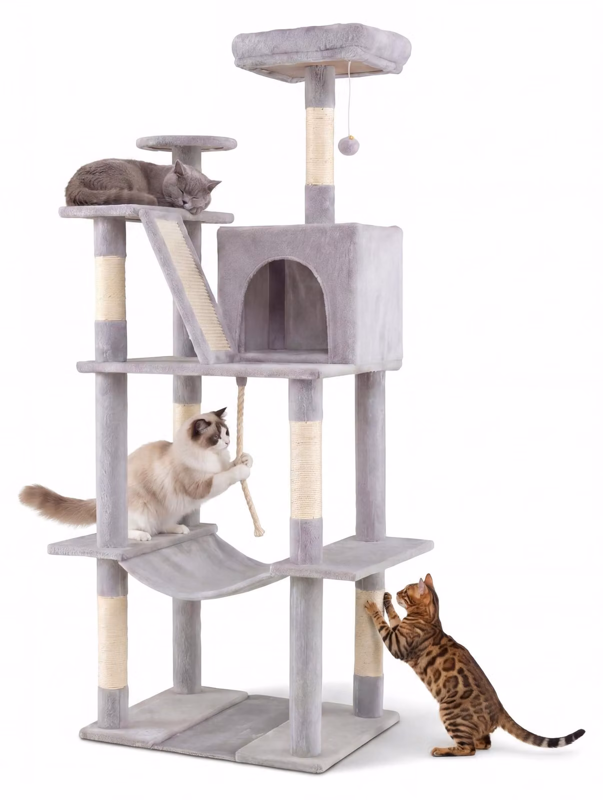Albero per gatti KOMFOTTEU con 6 livelli, grande tiragraffi per gatti, albero per gatti con palo per arrampicata, cuccia, amaca e piattaforme panoramiche, centro attività con 5 pali per graffiare e una pallina giocattolo, struttura per arrampicata