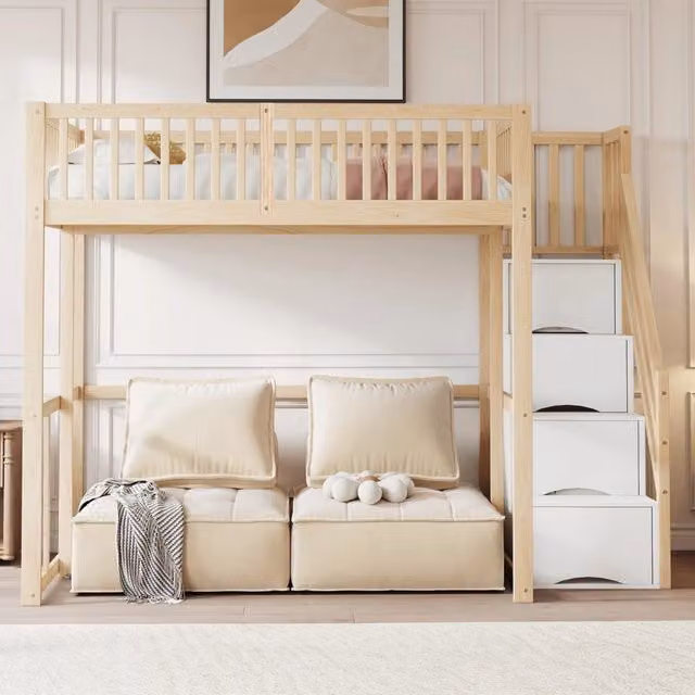 Letto a soppalco 140x200 cm in pino massello con scala contenitore; parapetto di sicurezza e struttura salvaspazio