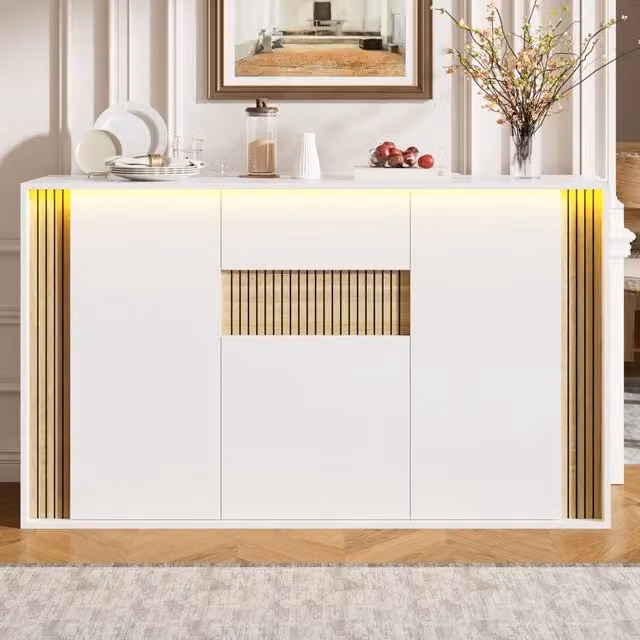 Credenza e madia LED regolabile con 3 ante e 1 cassetto per soggiorno, in truciolare bianco naturale, 140 × 40 × 82 cm