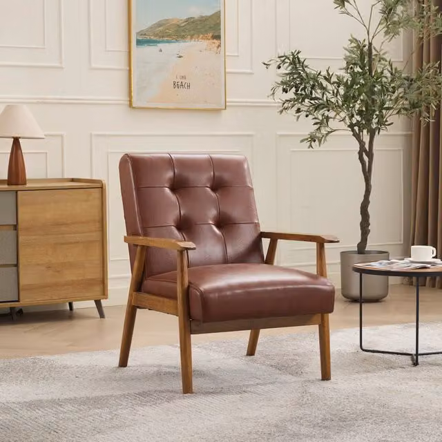 Fauteuil in pelle bovina con braccioli effetto noce e gambe in legno di caucciù, marrone per salotto e ufficio