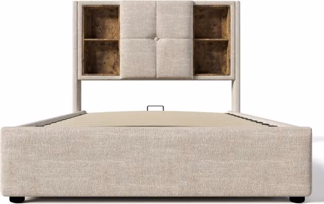 Letto Singolo 90x200 cm con Ricarica Wireless USB-C, Struttura Imbottita in Lino Naturale con Contenitore e Rete a Doghe in Legno